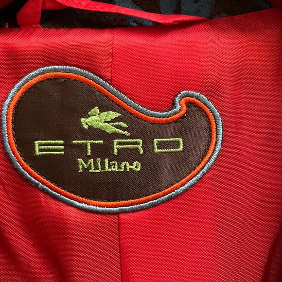 Etro Milano Suit Womens 42 Italy Brown Blue Wool Silk Brocade Handkerchief Skirt - Picture 3 of 14